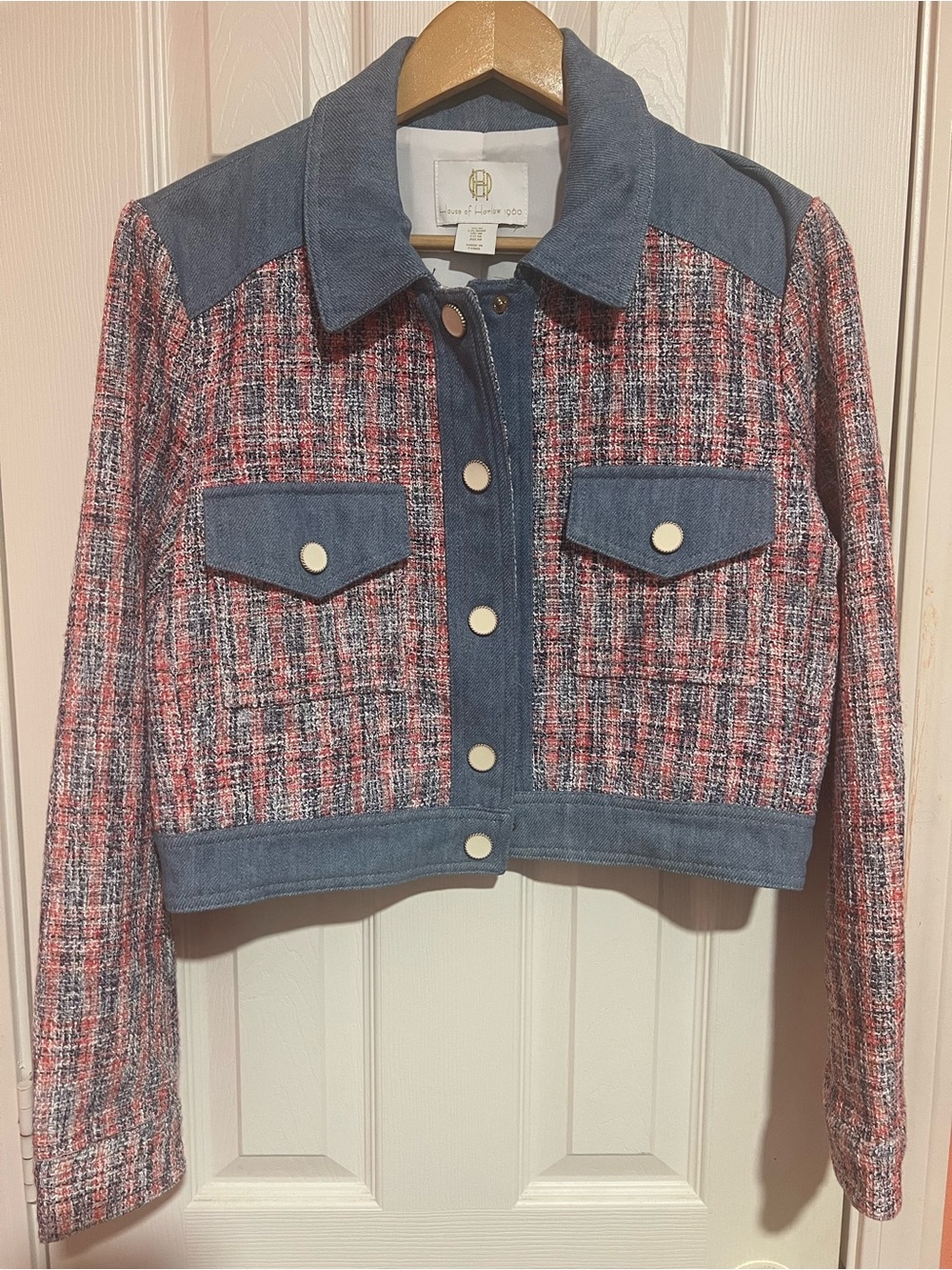 House of Harlow 1960 Pink and Blue Tweed & Denim Cropped Jacket